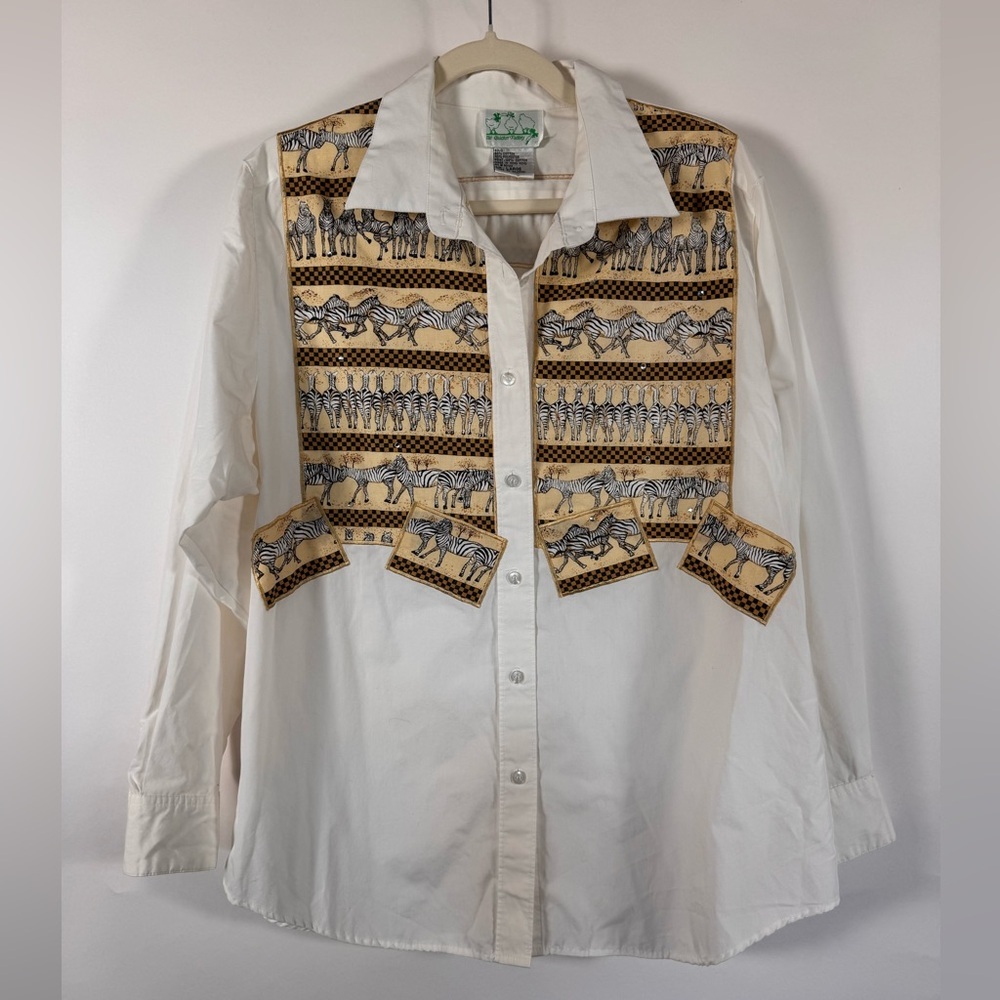 The Quacker Factory Button Down Shirt Womens Large Zebra Print Gems Whimsy VTG